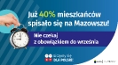 Na grafice jest napis: Już 40% mieszkańców spisało się na Mazowszu! Po lewej stronie jest zdjęcie dłoni na tle okręgu trzymającej budzik. Na wysokości budzika jest napis: Nie czekaj z&nbsp;obowiązkiem do września. Na dole grafiki są cztery małe koła ze znakami dodawania, odejmowania, mnożenia i&nbsp;dzielenia, obok nich napis: Liczymy się dla Polski! W&nbsp;prawym dolnym rogu jest logotyp spisu: dwa nachodzące na siebie pionowo koła, GUS, pionowa kreska, Narodowy Spis Powszechny Ludności i&nbsp;Mieszkań 2021.