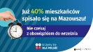 Na grafice jest napis: Już 40% mieszkańców spisało się na Mazowszu! Po lewej stronie jest zdjęcie dłoni na tle okręgu trzymającej budzik. Na wysokości budzika jest napis: Nie czekaj z obowiązkiem do września. Na dole grafiki są cztery małe koła ze znakami dodawania, odejmowania, mnożenia i dzielenia, obok nich napis: Liczymy się dla Polski! W prawym dolnym rogu jest logotyp spisu: dwa nachodzące na siebie pionowo koła, GUS, pionowa kreska, Narodowy Spis Powszechny Ludności i Mieszkań 2021.